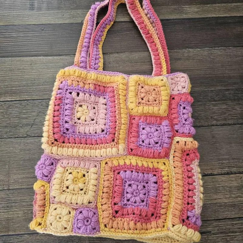 Student made granny square patchwork bag