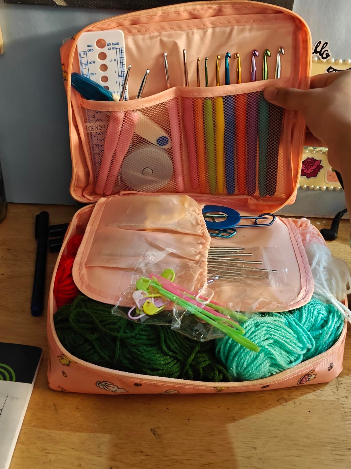 Student's organized crochet supplies